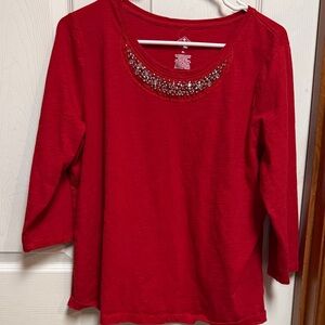 St. John's Bay Red Long Sleeve Top with Beaded Neckline